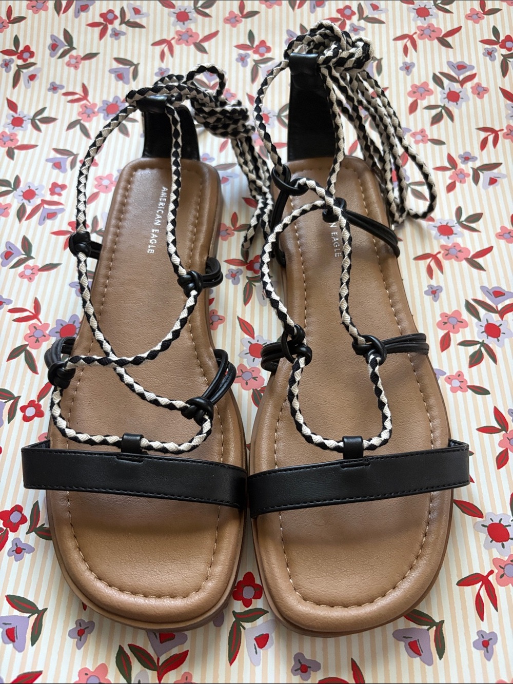 American Eagle Outfitters Black and White Lace-Up Braided-Strap Sandals